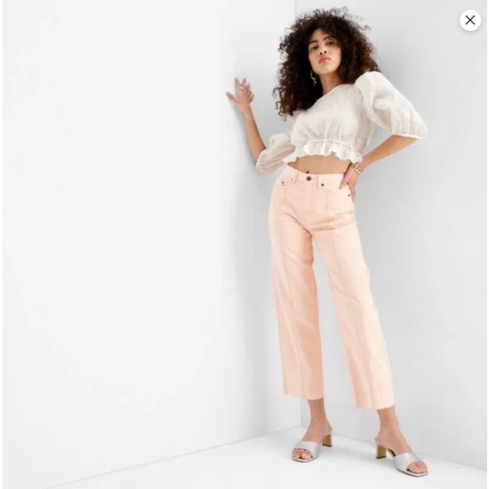Future Collective Women's High-Rise Straight Leg Denim Raw Hem Pants Peach 4 - Picture 3 of 7